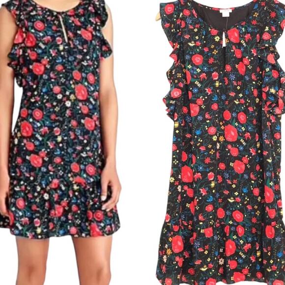 NWOT J.Crew Black Red Printed Floral Flutter Dress With Ruffle Sleeves Size XS - Picture 1 of 6